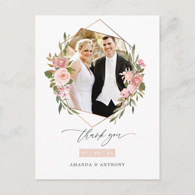 Postal Foto de boda geométrica en rosa dorado y rubor (Anverso)