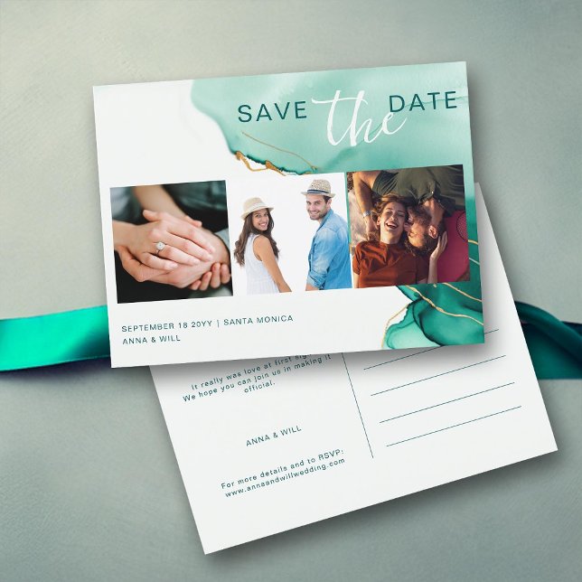 Postal Foto de Boda moderno con el oro de Esmeralda salva (emerald photo save the date green gold watercolor modern romantic elegant bohemian classy wedding)