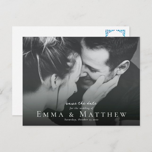 Postal Foto de Boho Salva la fecha con mosaico azul marro (Anverso / Reverso)