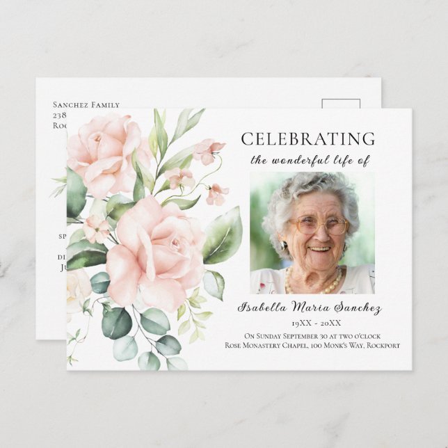 Postal Foto de celebración de vida floral de rosa rosa (Anverso / Reverso)