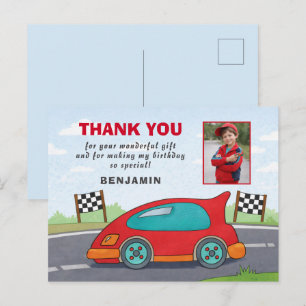 Postal Foto de cumpleaños de coche de carreras rojo lindo