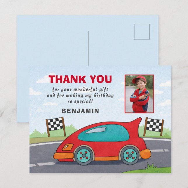 Postal Foto de cumpleaños de coche de carreras rojo lindo (Anverso / Reverso)