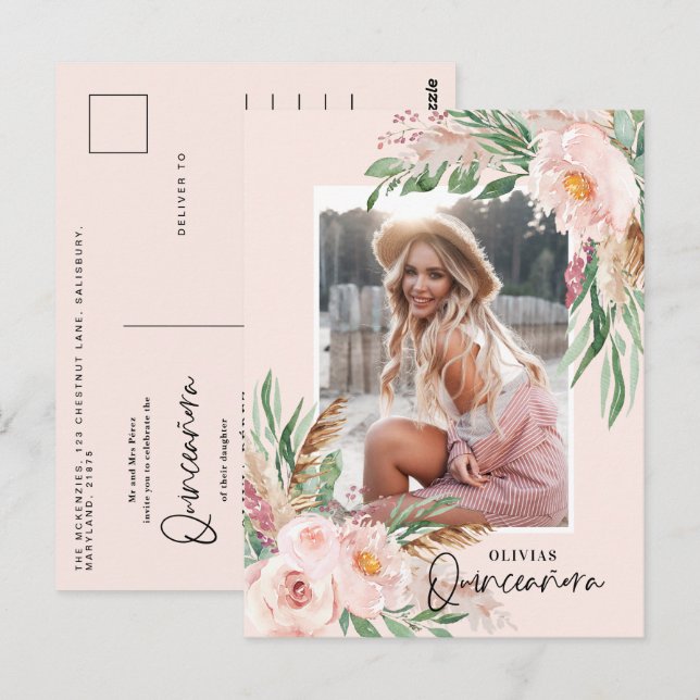 Postal Foto de cumpleaños de una chica rosa pálido de Qui (Anverso / Reverso)