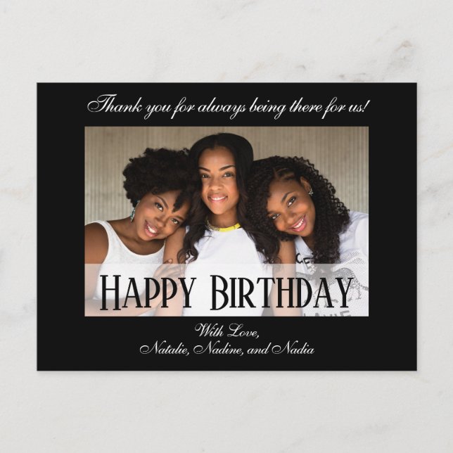 Postal Foto de cumpleaños feliz negra elegante personaliz (Anverso)
