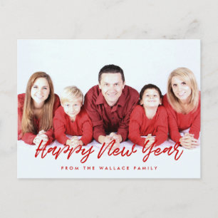 Postal Foto de familia moderna de Feliz Año Nuevo en rojo