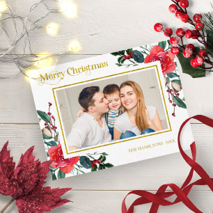 Postal Foto de Feliz Navidad con Floral Acuarela Roja
