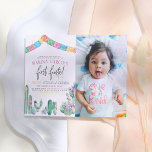 Postal Foto de Fiesta Cactus Cute Chica<br><div class="desc">¡No hay tiempo para la siesta! ¡Es la primera fiesta de cumpleaños del chica! En el lado izquierdo de esta encantadora invitación al cumpleaños mexicano, hay un colorido papel picado bunting y un ilustracion acuarela de cactus, suculentos y flores con los detalles de tu evento en el medio con la...</div>
