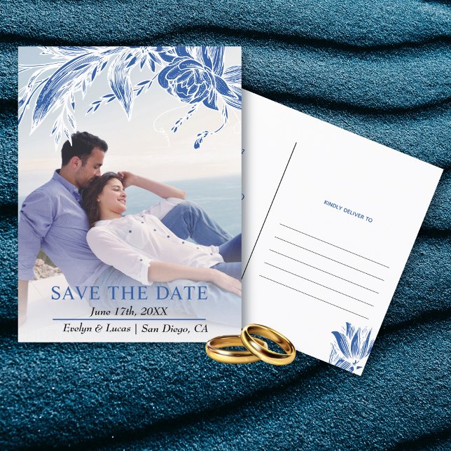 Postal Foto de flores azules y blancas Save the Date (Subido por el creador)