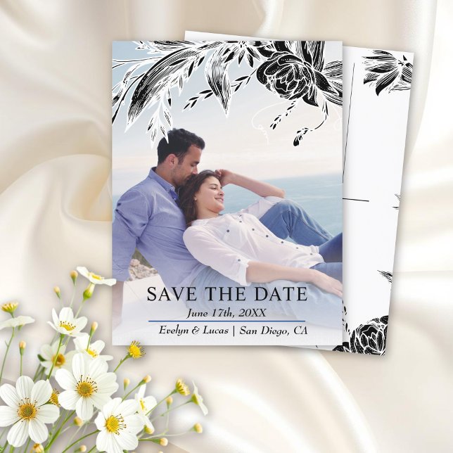 Postal Foto de flores en blanco y negro de Save the Date (Subido por el creador)