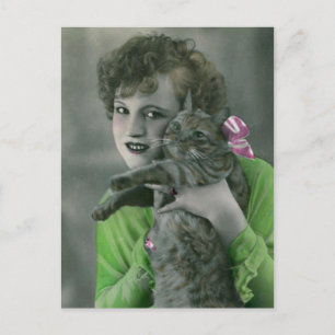 Postal Foto de glamour vintage de Chica joven y gato