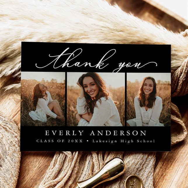 Postal Foto de graduación con guión moderno de agradecimi (Subido por el creador)