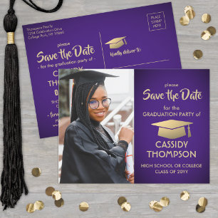 Postal Foto de graduación de morado y oro Salven la fecha