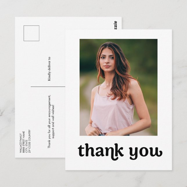 Postal Foto de graduación de tipografía de moda Gracias (Anverso / Reverso)