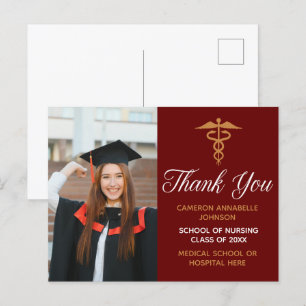Postal Foto de graduación Maroon Gold Agradecimiento Médi