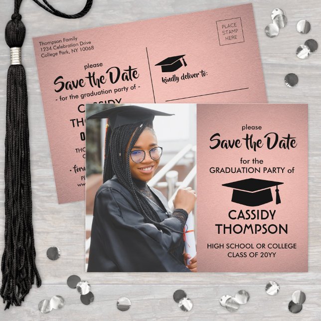 Postal Foto de graduación moderna rosa y negra salva la f (Subido por el creador)