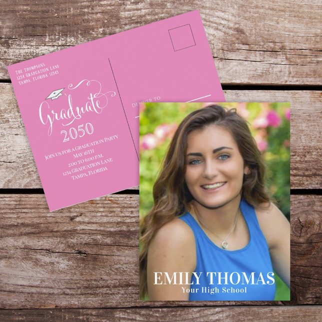 Postal Foto de graduado Minimalista guión simple rosa (Subido por el creador)