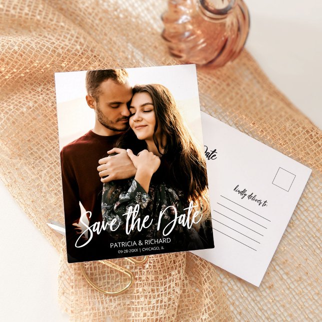 Postal Foto de guardar la fecha de boda con guión moderno (Subido por el creador)