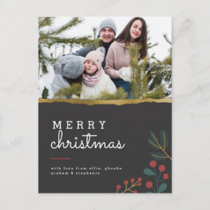 Postal Foto de la familia Black & Gold Cute Merry Christm