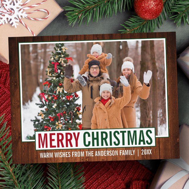 Postal Foto de la familia de la Madera de Feliz Navidad M (Customize to change your personalized text size or text style.)