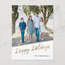 Postal Foto de la familia Gold Script Happy Holidays