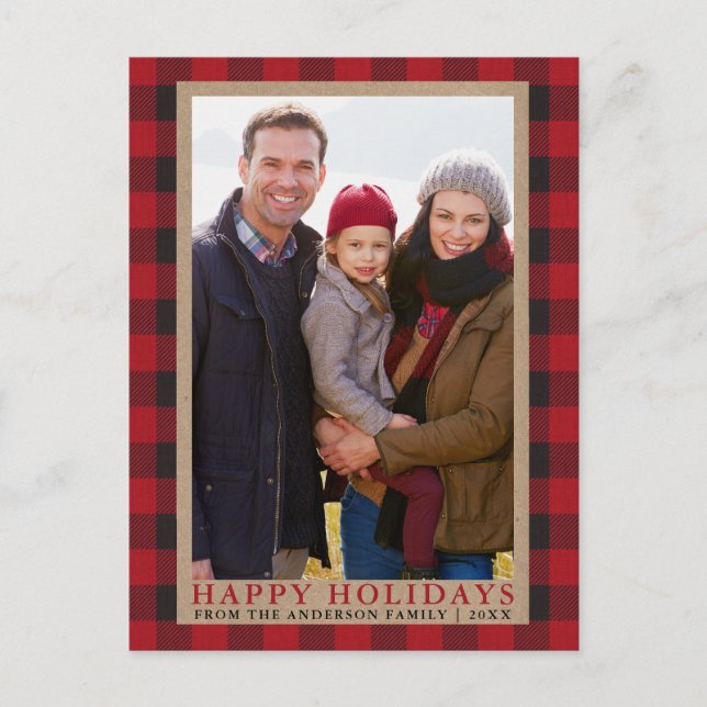 Postal Foto de la familia Red Plaid Felices Fiestas Kraft (Anverso)