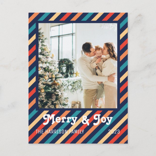 Postal Foto de la familia Retro Stripes Merry & Joy (Anverso)