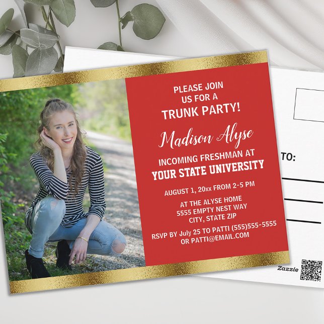 Postal Foto de la fiesta de graduación de la Red Gold Col (Red and gold graduation Trunk Party photo invitation)