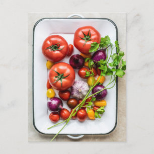 Postal Foto de la plataforma de tomate y cebolla