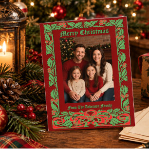 Postal Foto de Navidad con marco de acebo y cinta