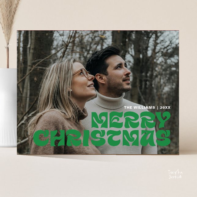 Postal Foto de Navidad Familiar con Estilo, Elegante y Ch (Stylish Elegant, Merry Christmas Family Photo Chic Postcard in Romantic Bright Green)