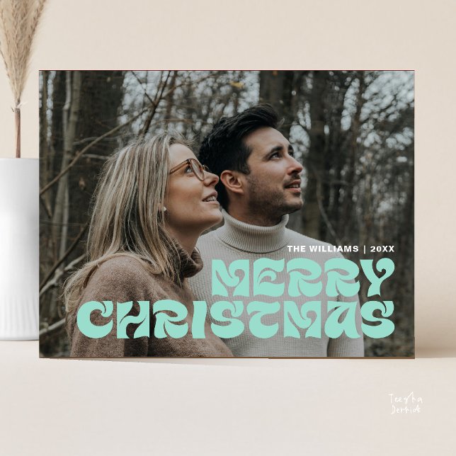 Postal Foto de Navidad Familiar con Estilo, Elegante y Ch (Stylish Elegant, Merry Christmas Family Photo Chic Postcard in Romantic Dusty Green)