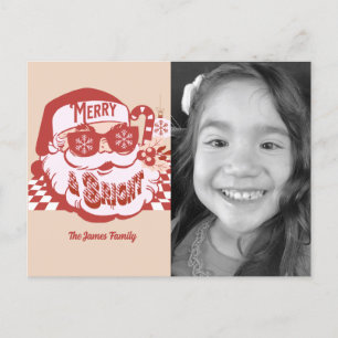 Postal Foto de Navidades Retro Santa Merry Bright Groovy