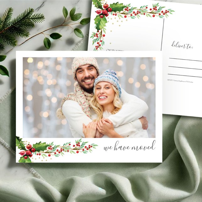 Postal Foto de nuevos Navidades del hogar (Christmas photo postcard watercolor red and green botanicals moving announcement by VG Invites)