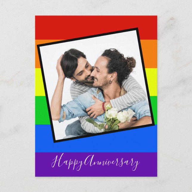 Postal Foto de pareja gay personalizada arcoíris aniversa (Anverso)