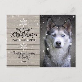 Postal Foto de perro de Navidades de madera y copos de ni