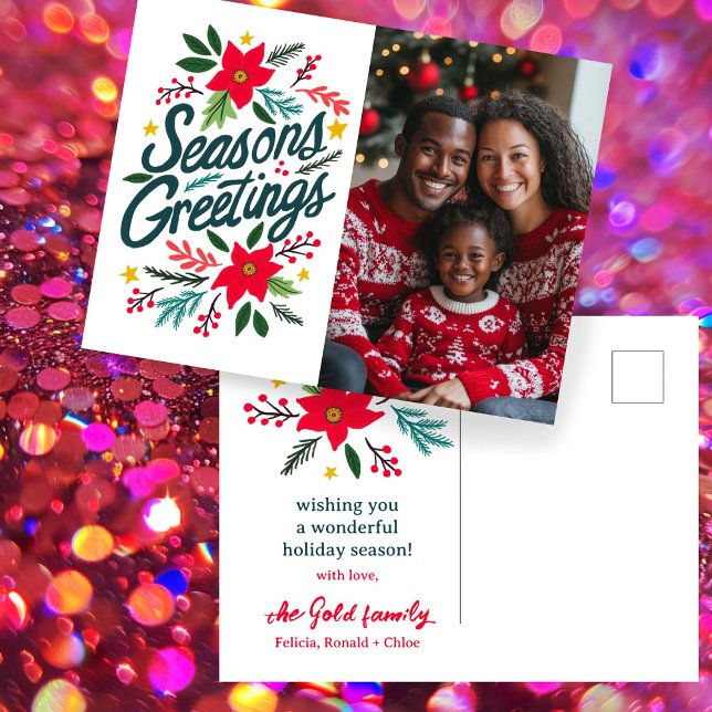 Postal FOTO DE PERSONALIZADOS  DE TEMASONS GREETINING Nav (SEASONS GREETINGS Christmas Holidays Hand Drawn Botanical Foliage Poinsettia CUSTOM PHOTO Postcard
)