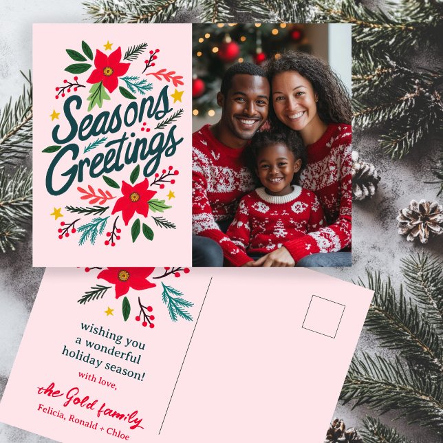 Postal FOTO DE PERSONALIZADOS  DE TEMASONS GREETINING Nav (SEASONS GREETINGS Christmas Holidays CUSTOM PHOTO Hand drawn botanicals Postcard
)