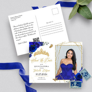 Postal Foto de Quinceañera con Tiara Azul Real y Dorada