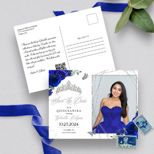 Postal Foto de Quinceañera con Tiara Azul Real y Plata