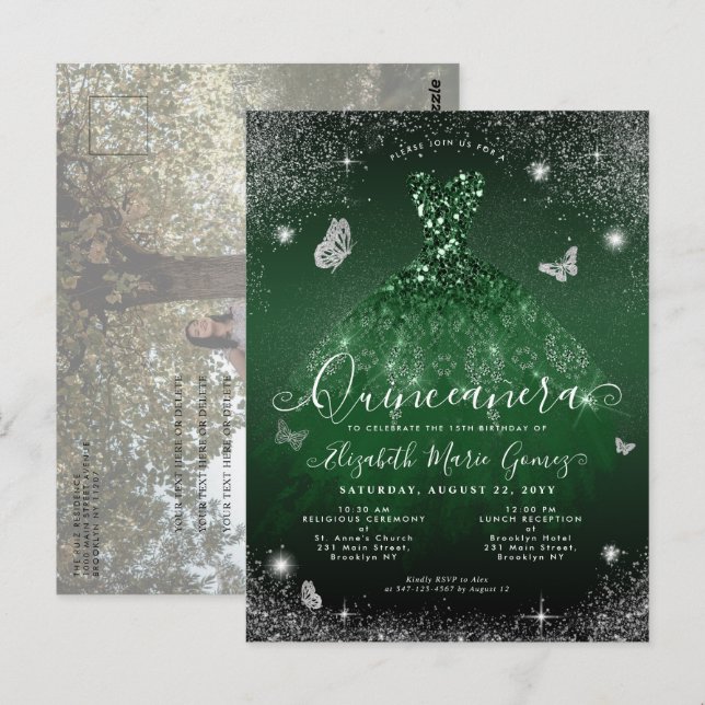 Postal Foto de Quinceanera con yegua verde esmeralda (Anverso / Reverso)