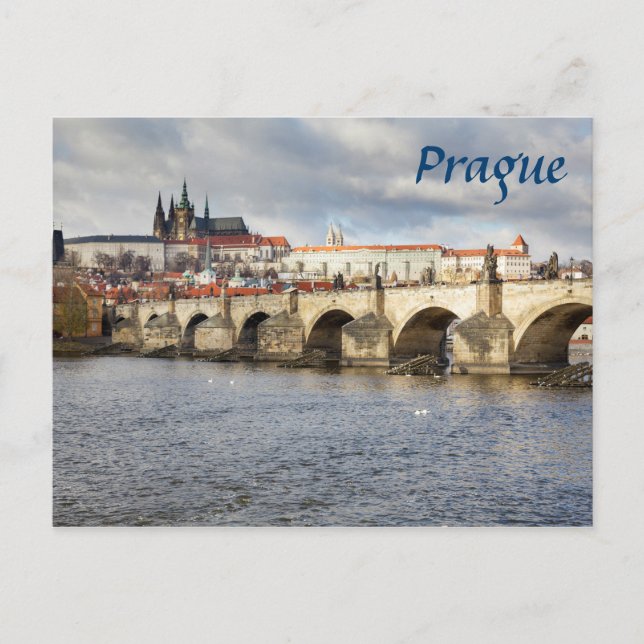 Postal Foto de recuerdo del castillo de Praga y el puente (Anverso)