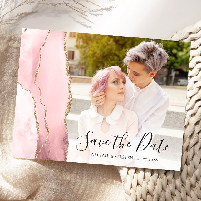 Postal Foto de Rubor Pink Gold Agate Save the Date (Subido por el creador)