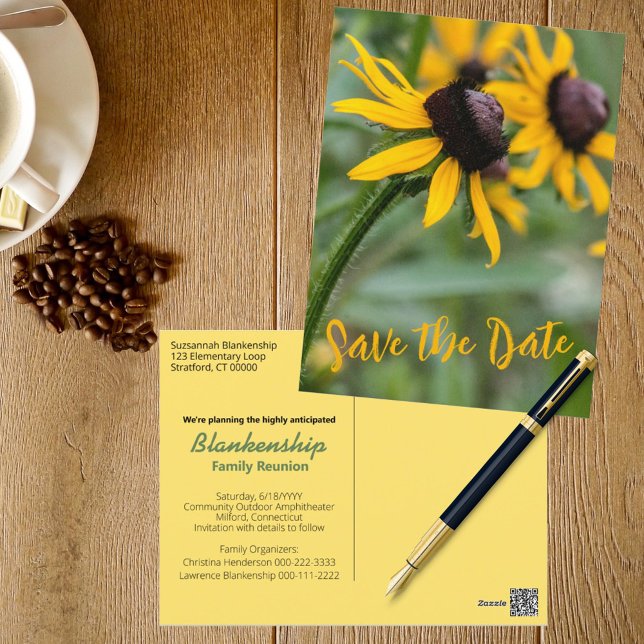 Postal Foto de Rudbekia Flower sustituida por la Reunión  (This floral photo family reunion designed SAVE THE DATE announcement also serves as an invitation. )
