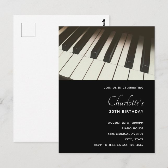 Postal Foto de teclas de piano en B&N elegante - Invitaci (Anverso / Reverso)