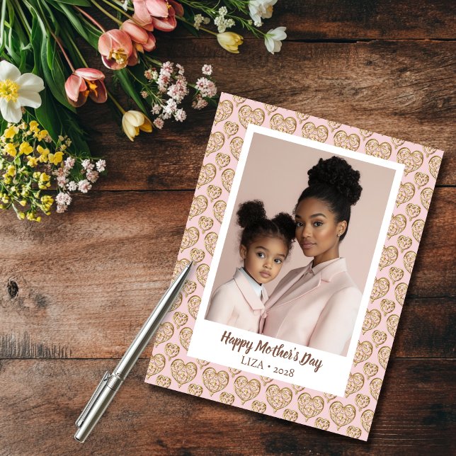 Postal Foto del Día de la Madre en Rubor Golden Hearts Ro (Blush Pink Golden Hearts Mother's Day Photo Postcard)