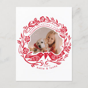 Postal Foto del El día de San Valentín Linocut Lovebirds 