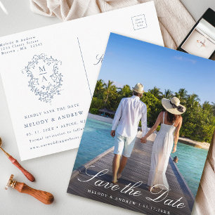Postal Foto del Escudo floral azul francés Save the Date