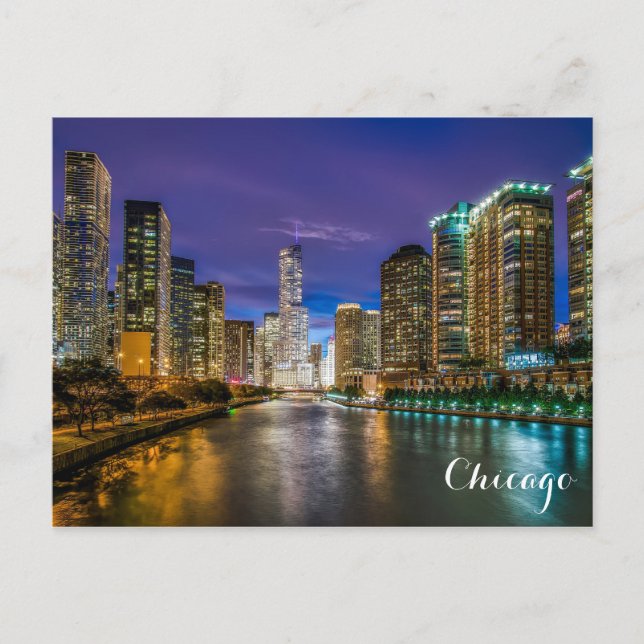 Postal Foto del horizonte del río Chicago Illinois por la (Anverso)
