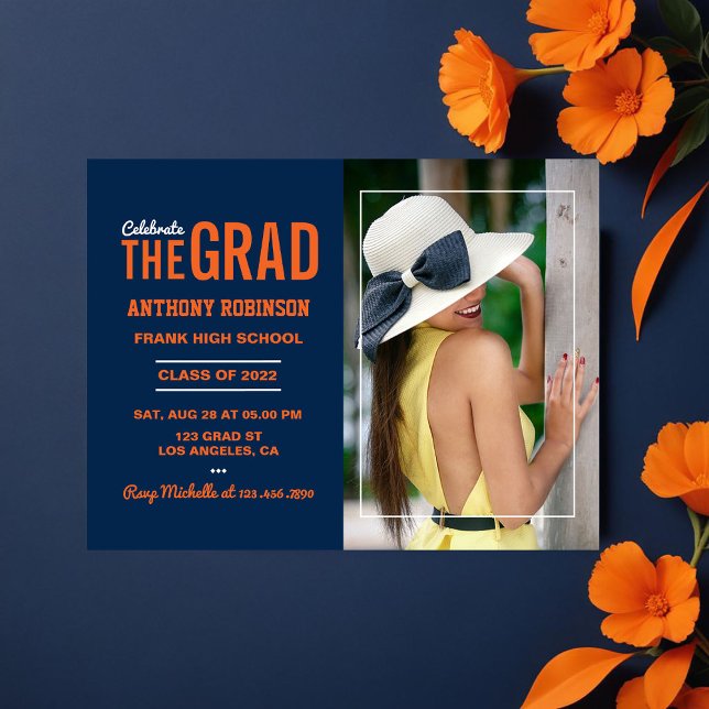 Postal Foto del partido naranja y graduación azul (Orange and Blue Graduation Party Photo Postcard)