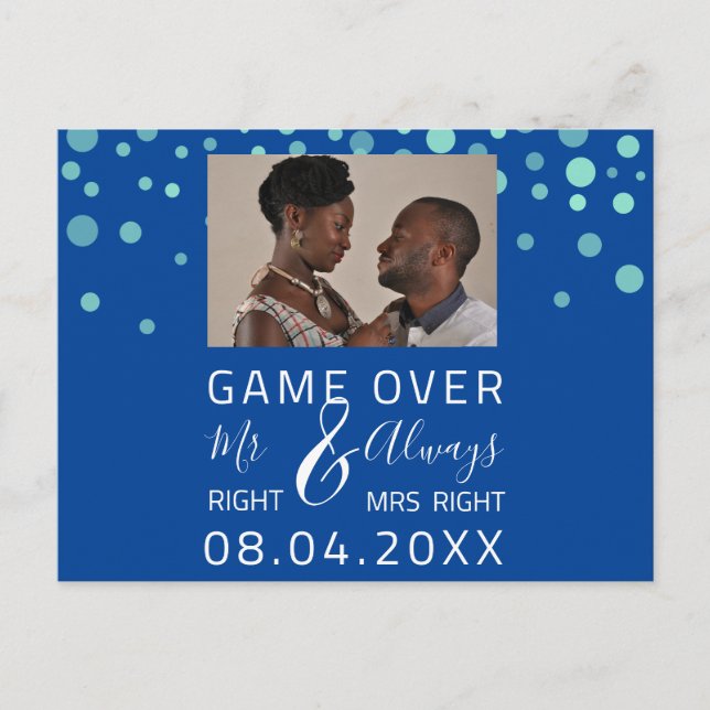 Postal Foto divertida de boda de 'Game Over Save The Date (Anverso)